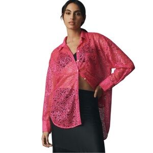 NWT By Anthropologie Metallic Lace Sheer Button Down in Pink Size Small